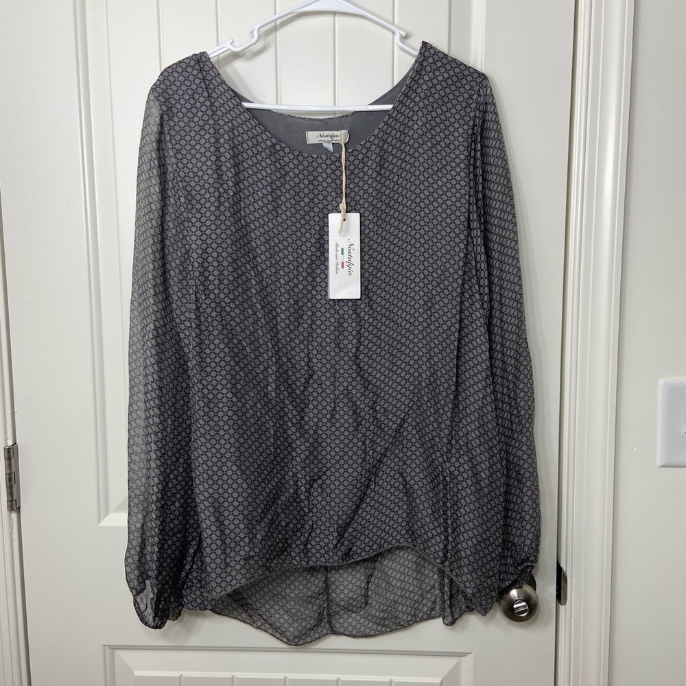 NEW Nostalgia women’s gray black silk blend elastic cuff‎ sheer sleeve blouse L